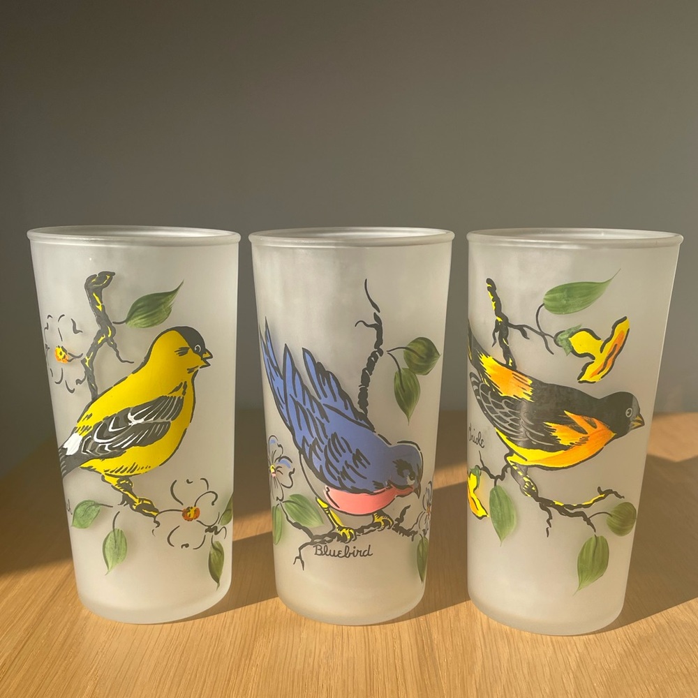 VINTAGE 1950s MCM Hazel-Atlas Frosted Glass Bird Tumblers - Set of 3